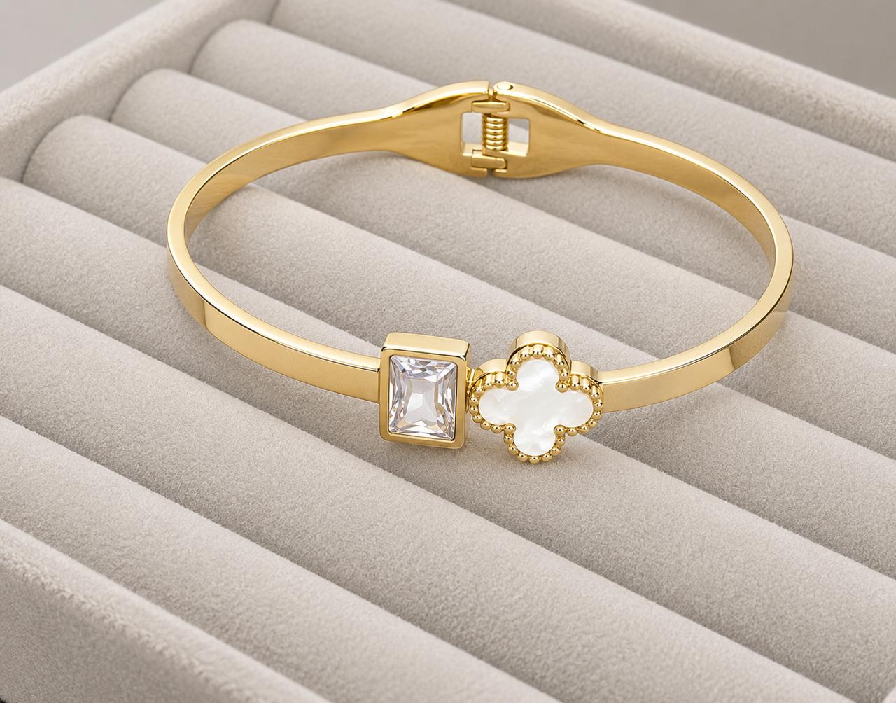 Duo Charm Gold Kada – Clover & Crystal