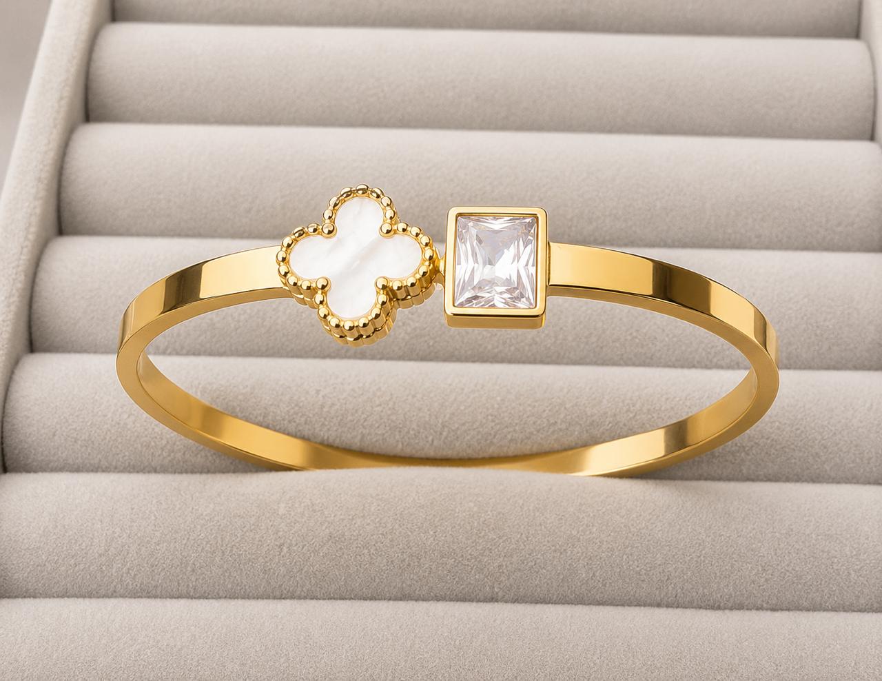 Duo Charm Gold Kada – Clover & Crystal