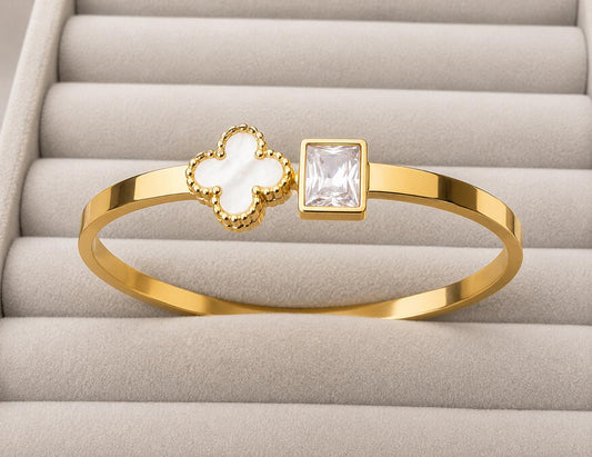 Duo Charm Gold Kada – Clover & Crystal